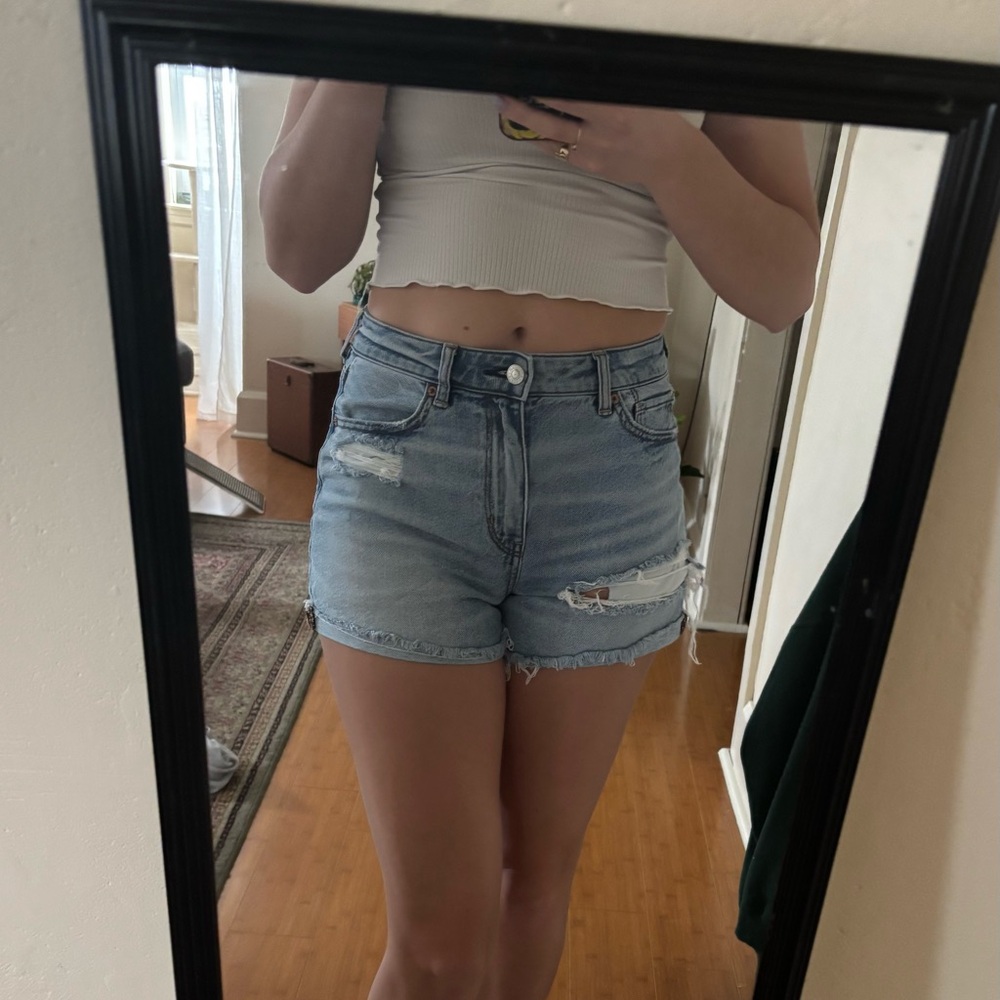 American Eagle Outfitters Light Blue Distressed High-Rise Denim Shorts